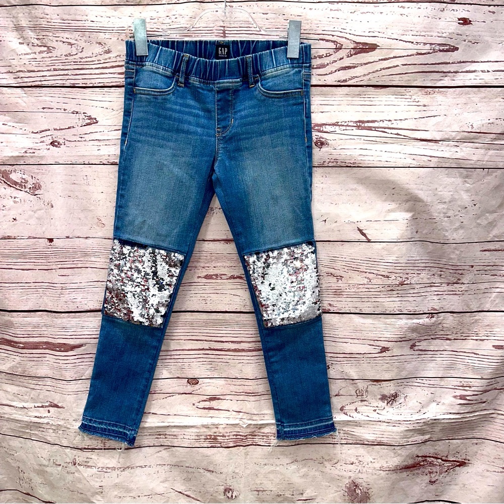 Gap Girls Jeggings Jean Regular High Stretch Ankle Blue Silver Sequins Size 10